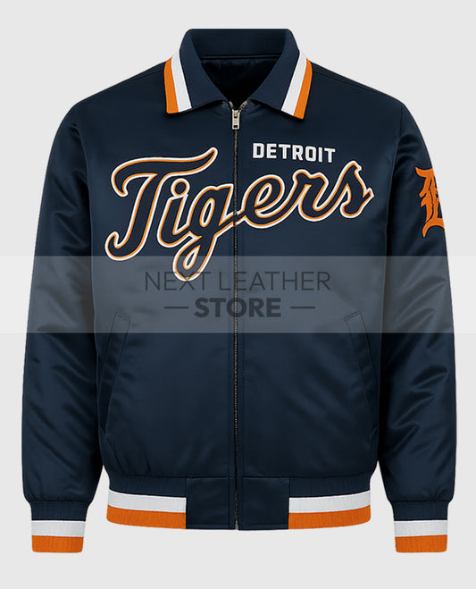 Detroit Tigers Blue Satin Varsity Jacket For Men