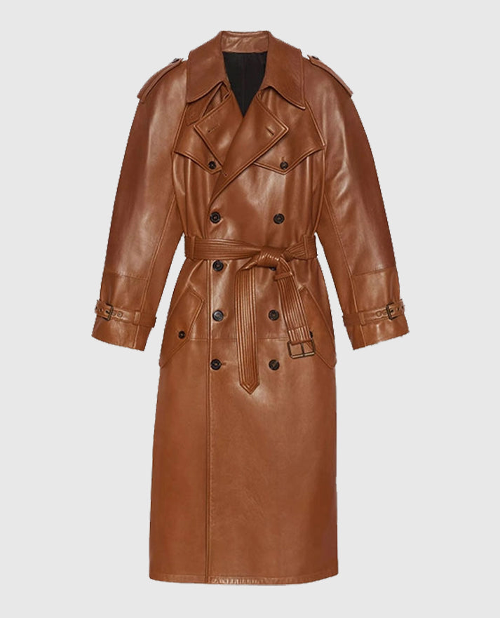 Women's Double Breasted Ivy Leather Long Coat