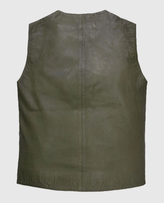 Basicallo Green Washed and Wax Leather Vest For Men