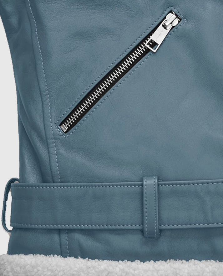 Rita Ora Bon Blue Shearling Biker Leather Jacket