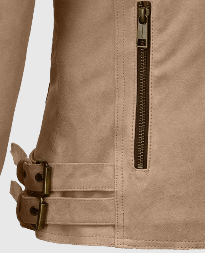 Women's Dusty Beige Suede Leather Fringes Jacket