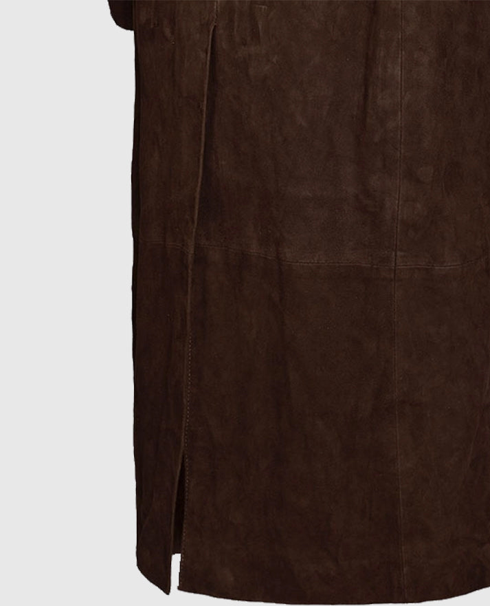 Dark Brown Suede Alpine Leather Long Coat For Women