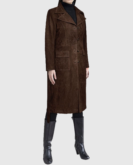 Dark Brown Suede Alpine Leather Long Coat For Women