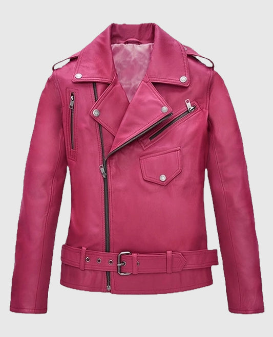 Jessica Alba Pink Leather Biker Jacket