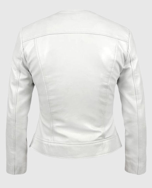 Round Neck White Biker Leather Jacket for Women