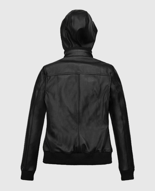 Symphony Detachable Black Hood Leather Jacket For Women