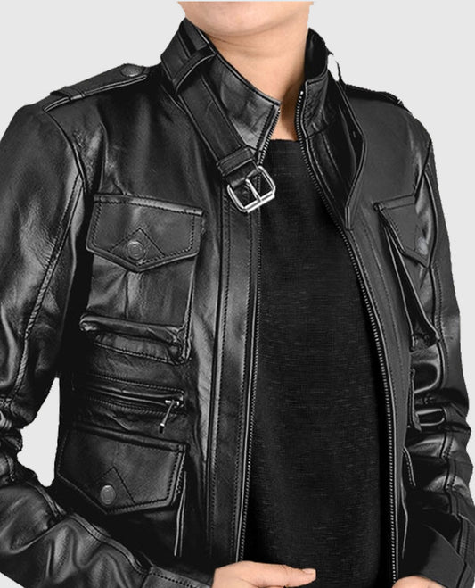 Women's Multi-Pocket Black Leather Jacket