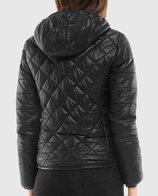 Women's Quilted Black Hooded Leather Jacket