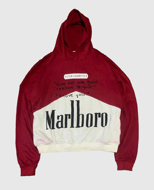 Vintage Marlboro Hoodie, featuring iconic red-and-white color blocking and front text: “Give me one good reason to quit.