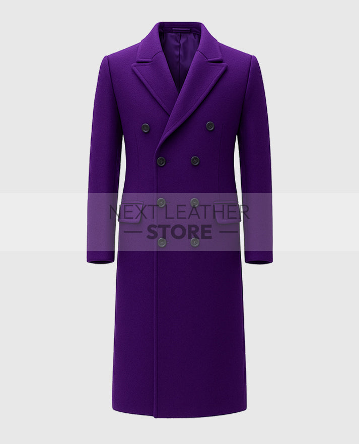 Mens Purple Double-Breasted Long Trench Coat