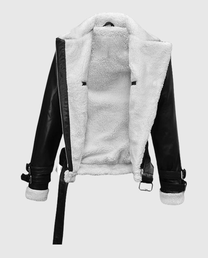 Rita Ora Black Leather Shearling Jacket