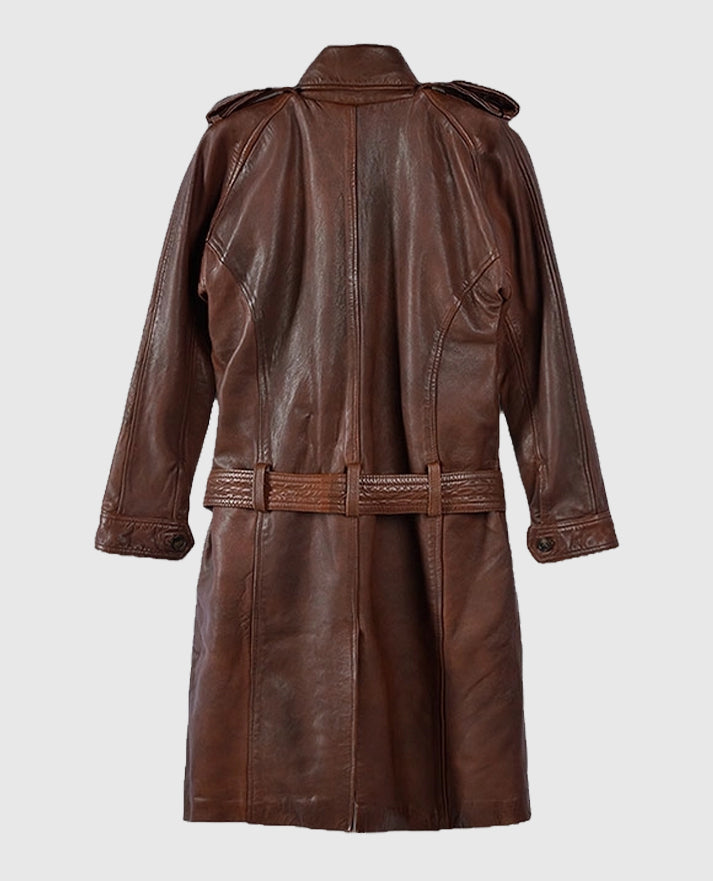 Spanish Brown Leather Long Coat For Women