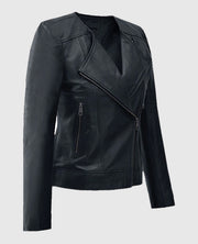 Women's Black Collar Less  Leather Jacket