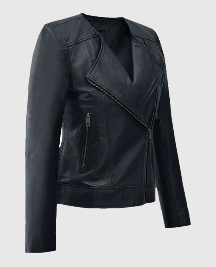 Women's Black Collar Less  Leather Jacket