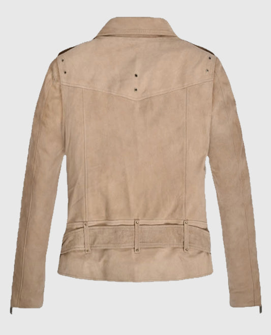 Women's Beige Suede Biker Leather Jacket