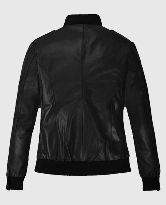 Women's Black Leather Bomber Jacket