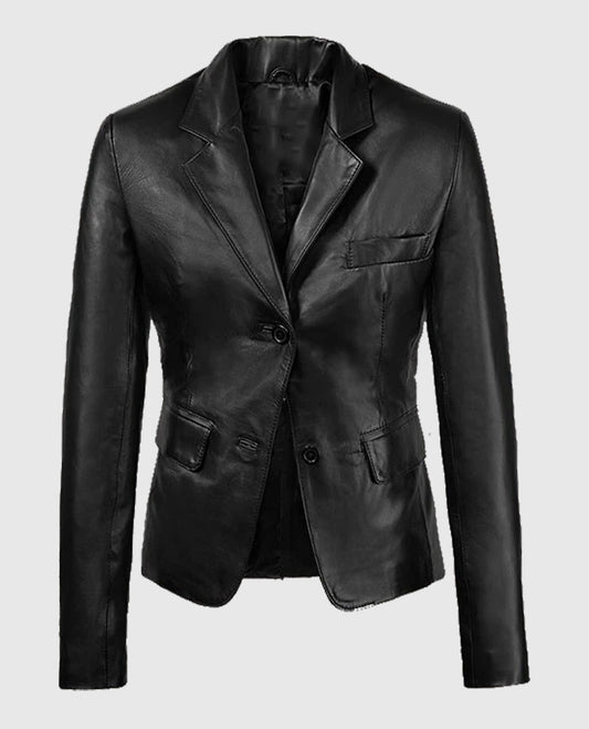 2 Button Black Leather Blazer for Women