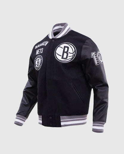 NBA Brooklyn Nets Men's Rib Wool Black Varsity Jacket