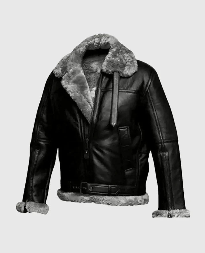 Men's Pilot FUR Aviator Flying Bomber Black Jacket