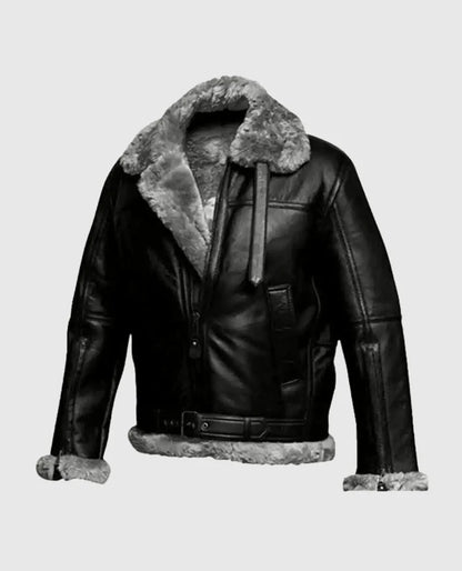 Men's Pilot FUR Aviator Flying Bomber Black Jacket