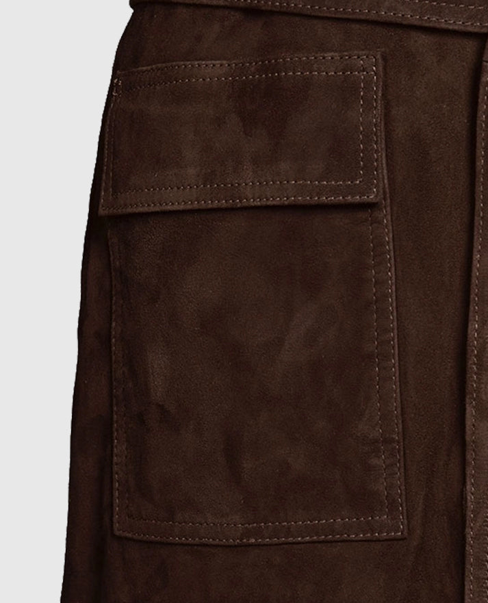 Dark Brown Suede Alpine Leather Long Coat For Women