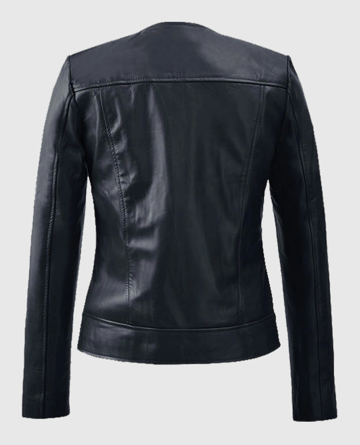 Women's Black Collar Less  Leather Jacket