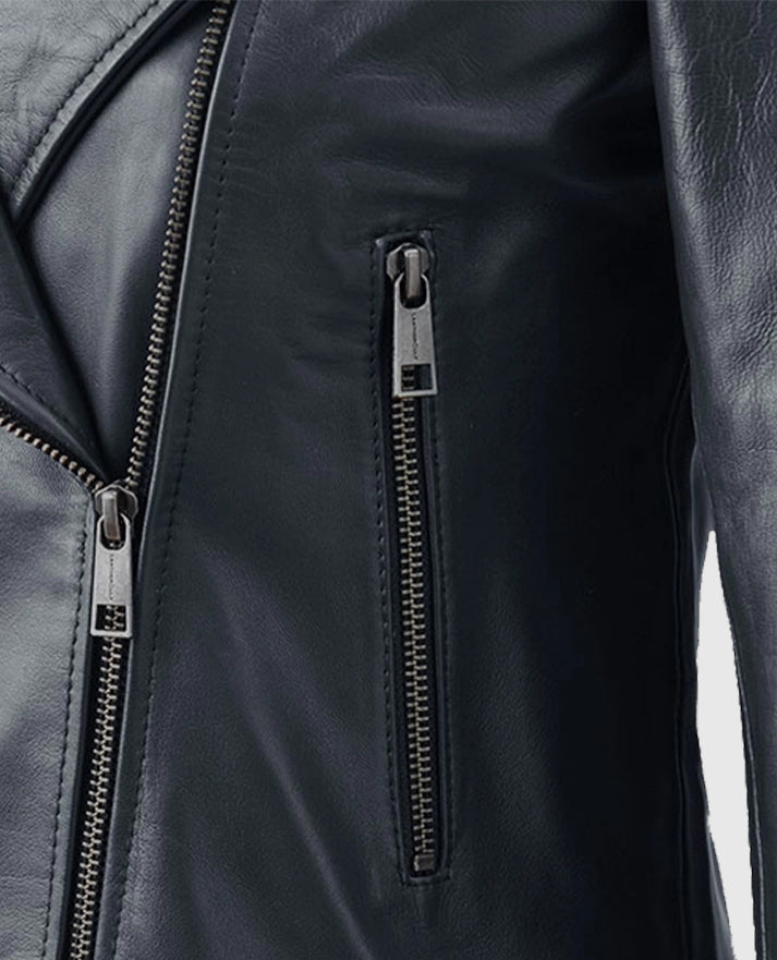 Women's Black Collar Less  Leather Jacket