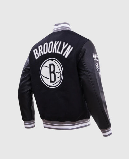 NBA Brooklyn Nets Men's Rib Wool Black Varsity Jacket