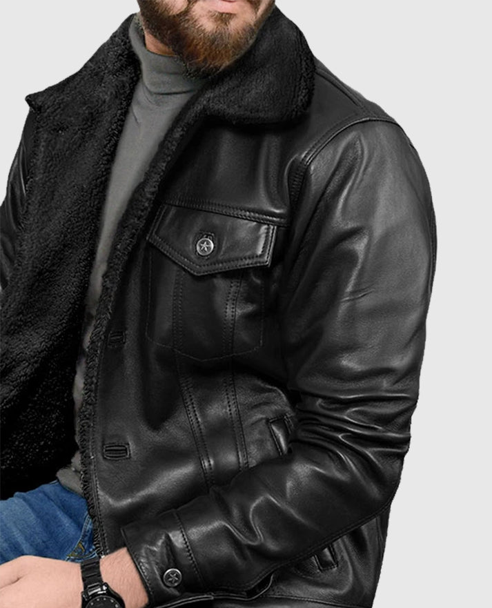 Men's Black Leather Sherpa Jacket