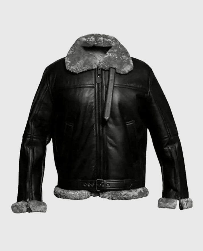 Men's Pilot FUR Aviator Flying Bomber Black Jacket
