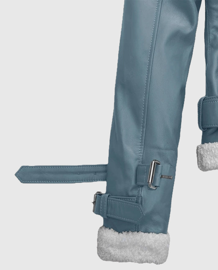 Rita Ora Bon Blue Shearling Biker Leather Jacket