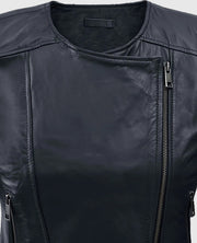 Women's Black Collar Less  Leather Jacket
