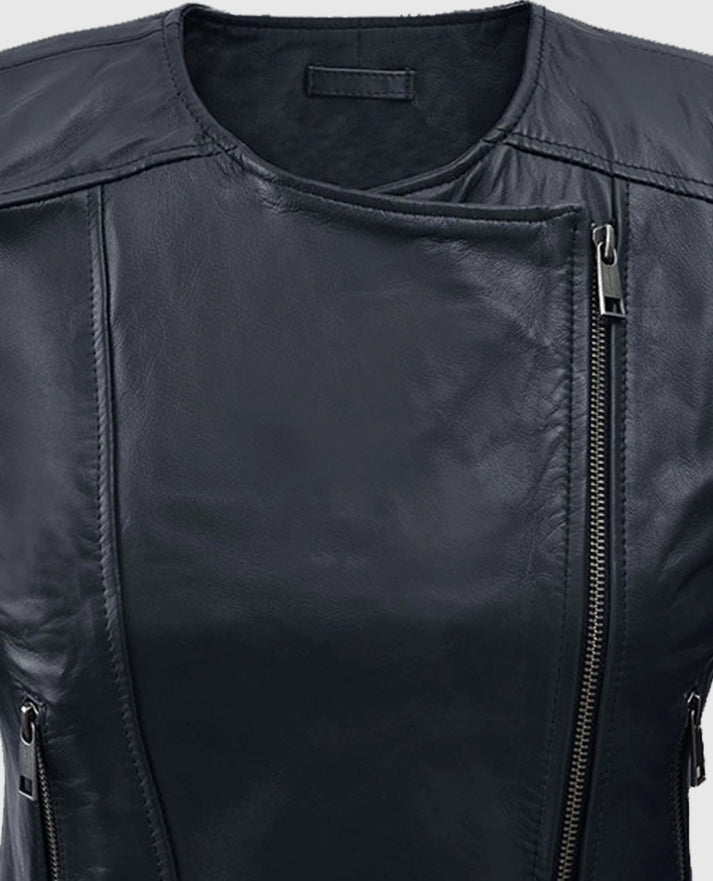 Women's Black Collar Less  Leather Jacket