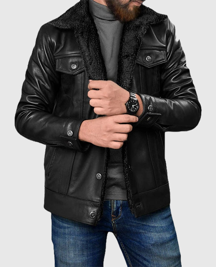 Men's Black Leather Sherpa Jacket