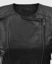 Women's Black Collarless Leather Biker Jacket