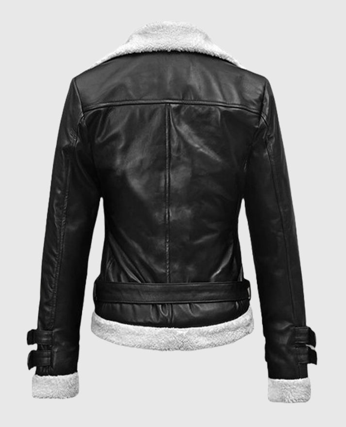 Rita Ora Black Leather Shearling Jacket
