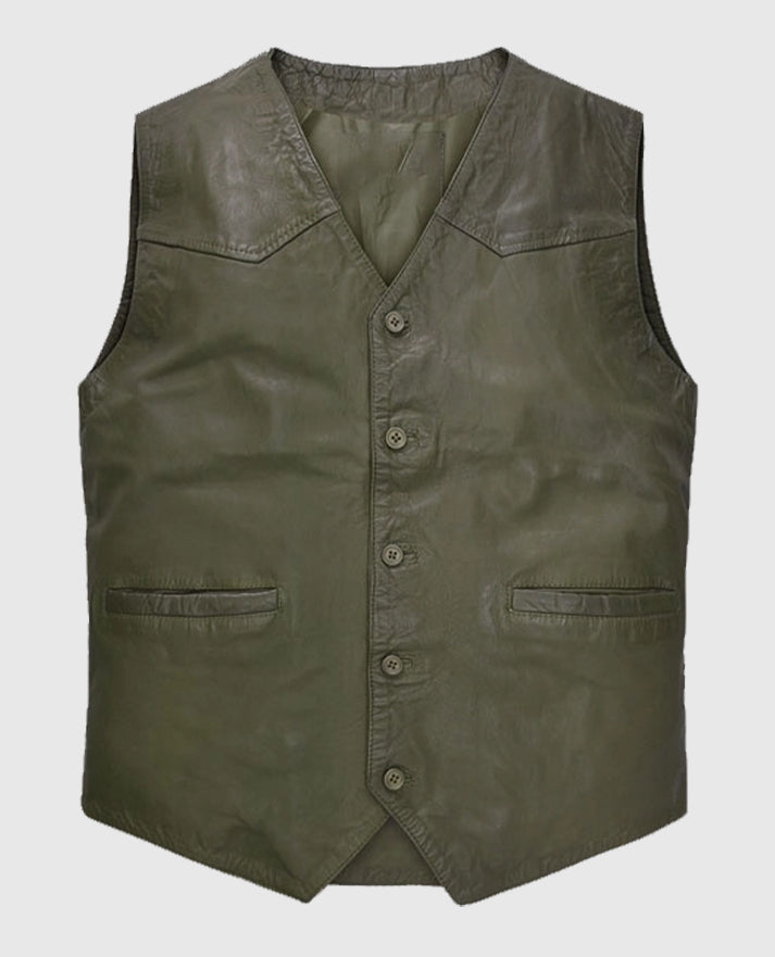 Basicallo Green Washed and Wax Leather Vest For Men
