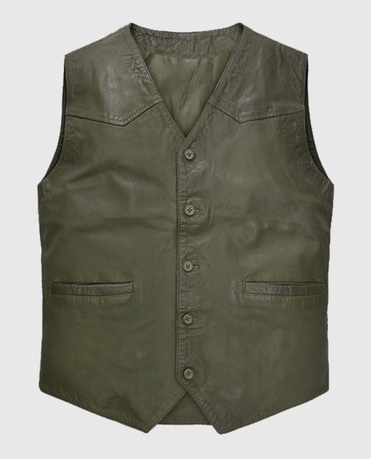 Basicallo Green Washed and Wax Leather Vest For Men