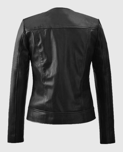 Black Collarless Leather Biker Jacket for Women