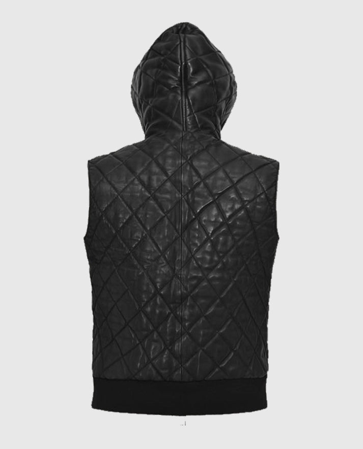 Black Quilted Hooded Leather Vest