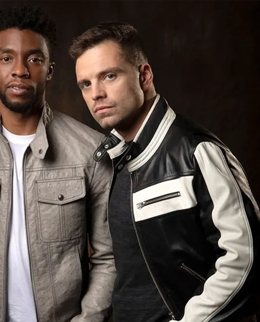 Black & white Sebastian Stan leather jacket