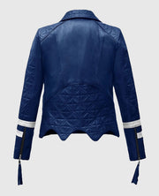  Blue Leather Striped Moto Jacket for Women