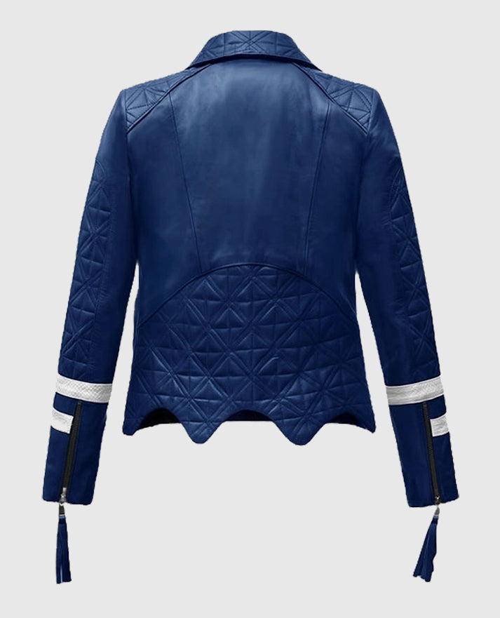  Blue Leather Striped Moto Jacket for Women