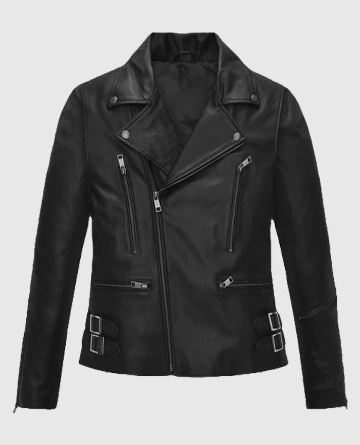 Bruna Marquezine Blue Beetle Leather Biker Jacket