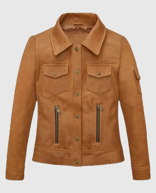 Canberra Tan Gigi Hadid Leather Jacket