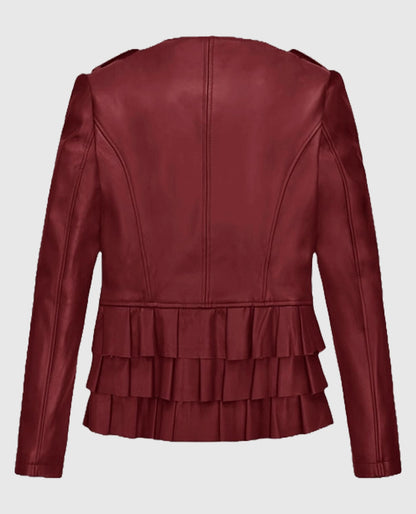 Cherry Red Peplum Leather Jacket for Women