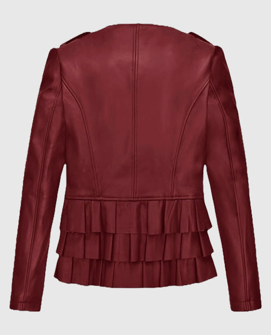 Cherry Red Peplum Leather Jacket for Women