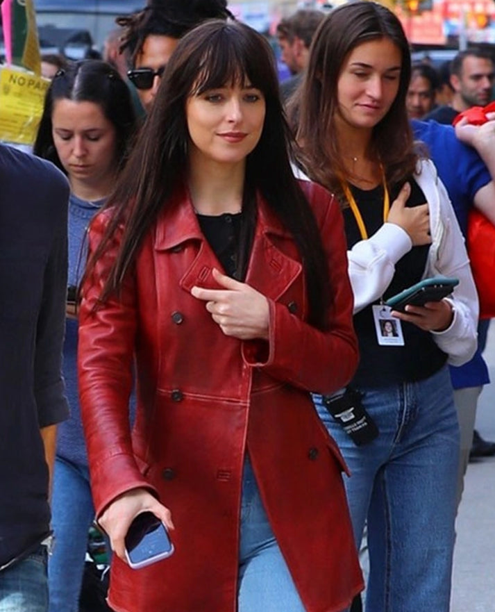 Dakota Johnson Madame Web Red Leather Trench Coat