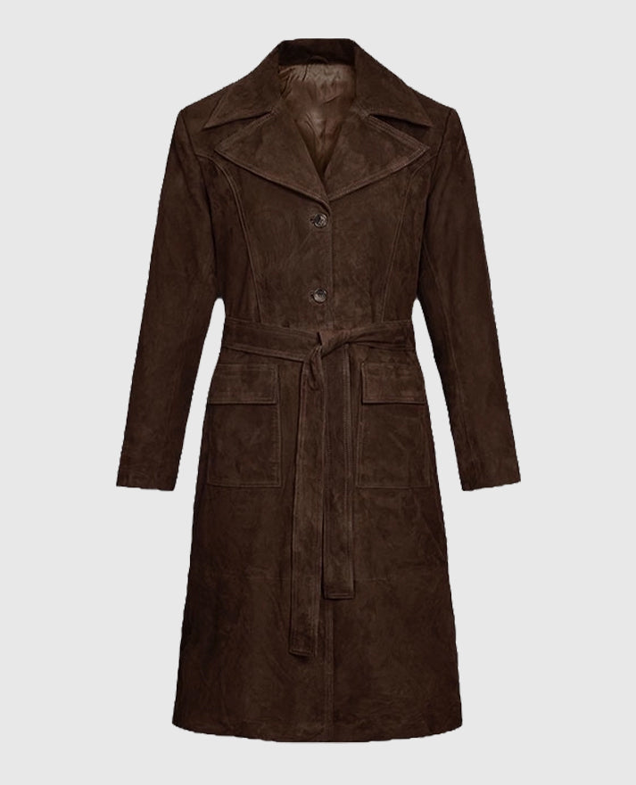 Dark Brown Suede Alpine Leather Long Coat For Women