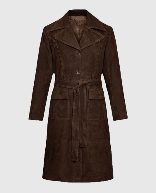 Dark Brown Suede Alpine Leather Long Coat For Women